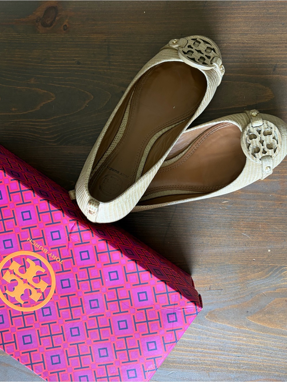 Tory Burch Neutral Textured Logo Ballet Flats